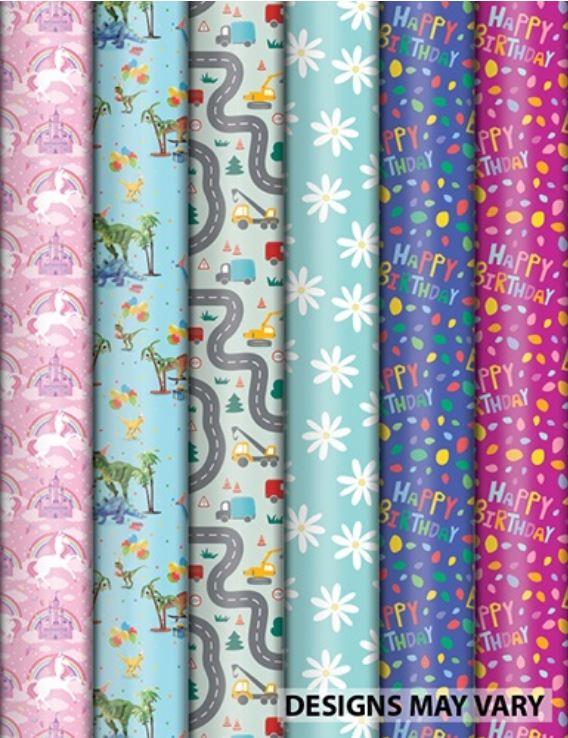 Gift Wrapping Paper Roll Childrens Assorted Mix 3m x 70cm Each