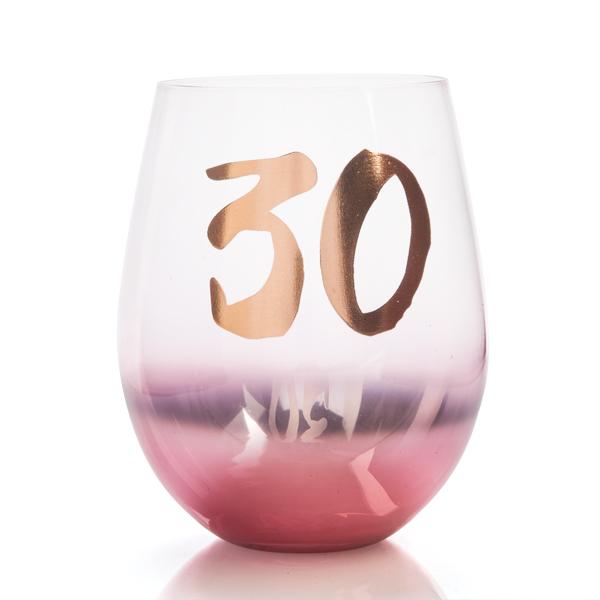 Glass Stemless 30th B/Day Blush - Discontinued Line Last Chance