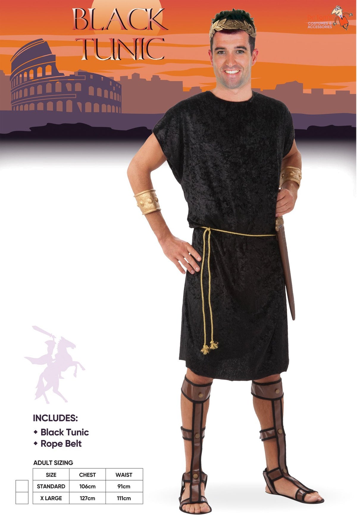 Black Tunic Roman or Greek With Rope Belt