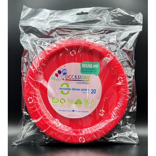 Plates 230mm Red Plastic Dinner Size Reusalbe Pk/20