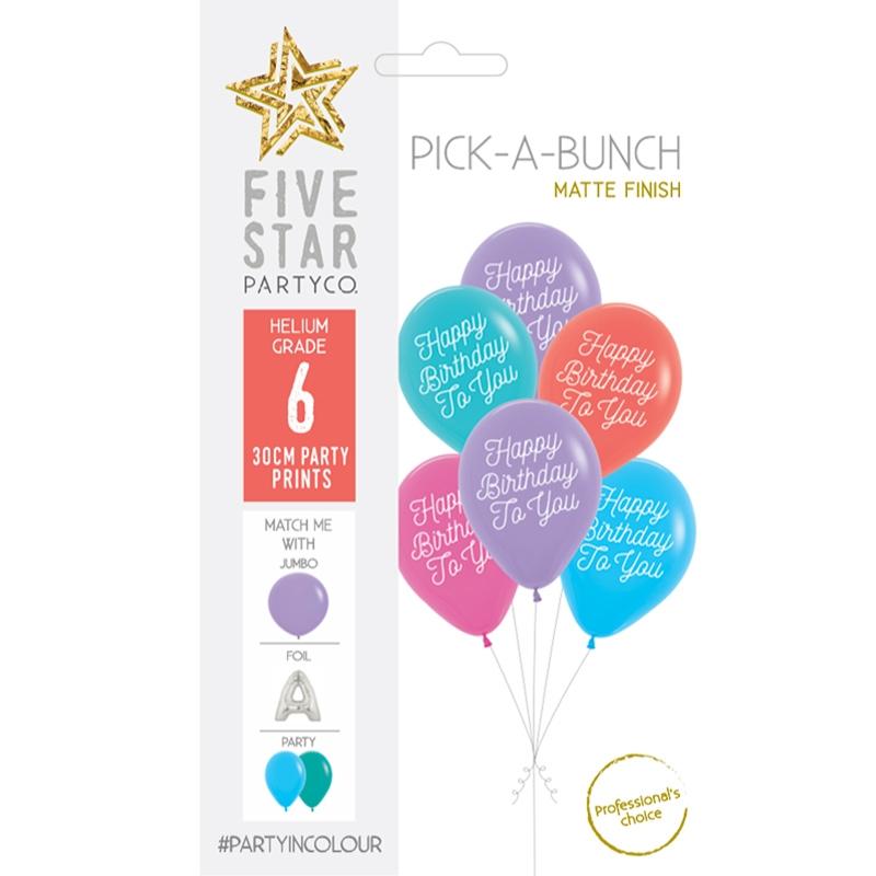 Balloon Pick-A-Bunch H/Bday to You 30cm Bright Asst Pk 6