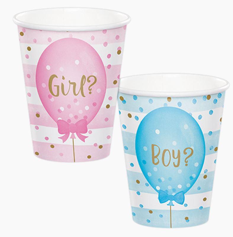 Gender Reveal Paper Cups Baby Boy Or Girl 2-Sided Design 266ml Pk/8