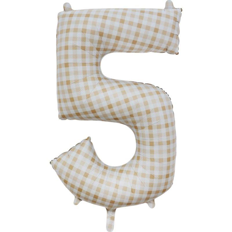 Balloon Foil Megaloon Number 5 Gingham Brown 86cm-Discontinued Line