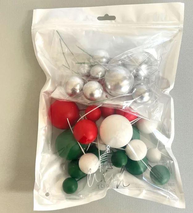 Cake Toppers Deco Foam Balls Christmas Red Green White Silver Pk/32