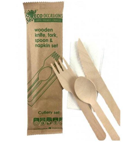 Wooden Eco Cutlery and Napkin Set (Knife Fork Spoon) Eco Friendly Each