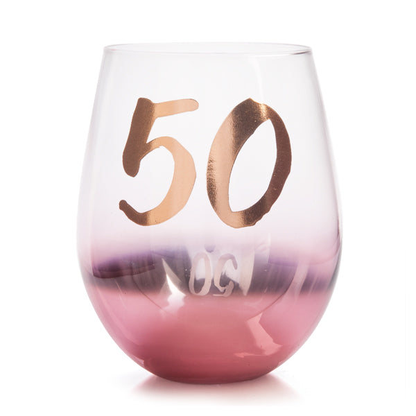 Glass Stemless 50th B/Day Blush - Discontinued Line Last Chance