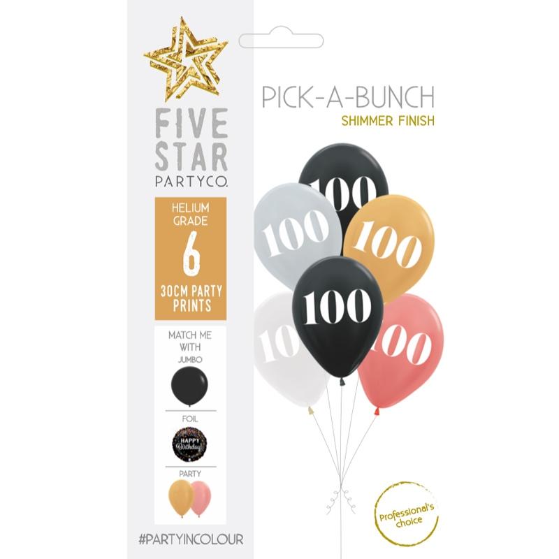Balloon Pick-A-Bunch 100th Birthday 30cm Asst Pk 6