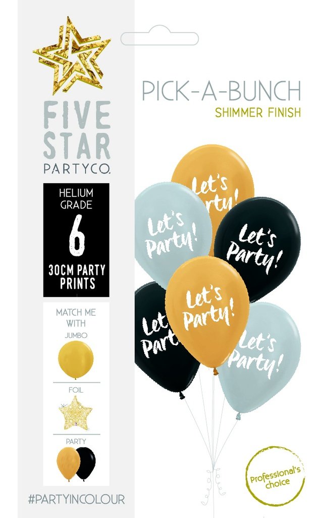 Balloon Pick-A-Bunch Lets Party 30cm Black /Silver /Gold Pk 6