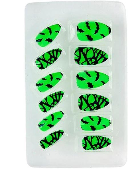 Nails Fake Neon Bats Self Adhesive Pk/12 Neon Green & Black