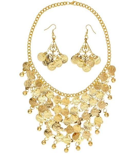 Costume Necklace & Earring Gold Coin Set Princess Egyptian/Greek/Roman