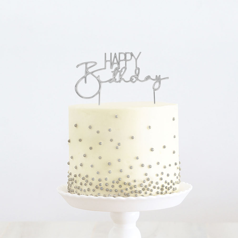 Cake Topper Happy Birthday Silver Metal Thin Font
