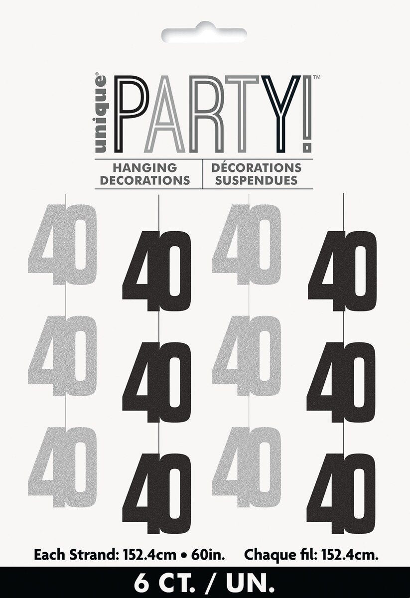 Hanging Decor 40th Birthday Black & Silver 1.5m Long Pk/6
