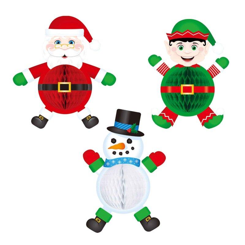 Hanging Decorations Tissue Christmas Santa/Elf/Snowman Pk/3 18cm - 27cm