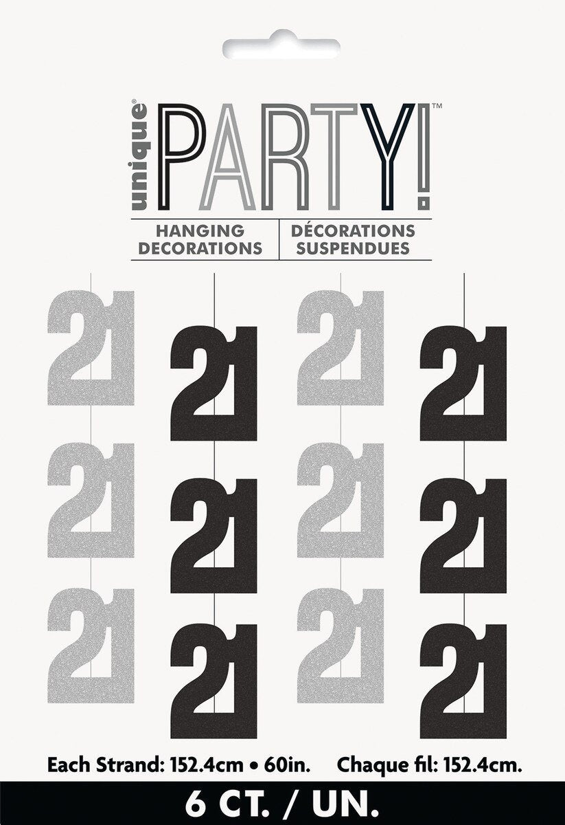 Hanging Decor 21st Birthday Black & Silver 1.5m Long Pk/6
