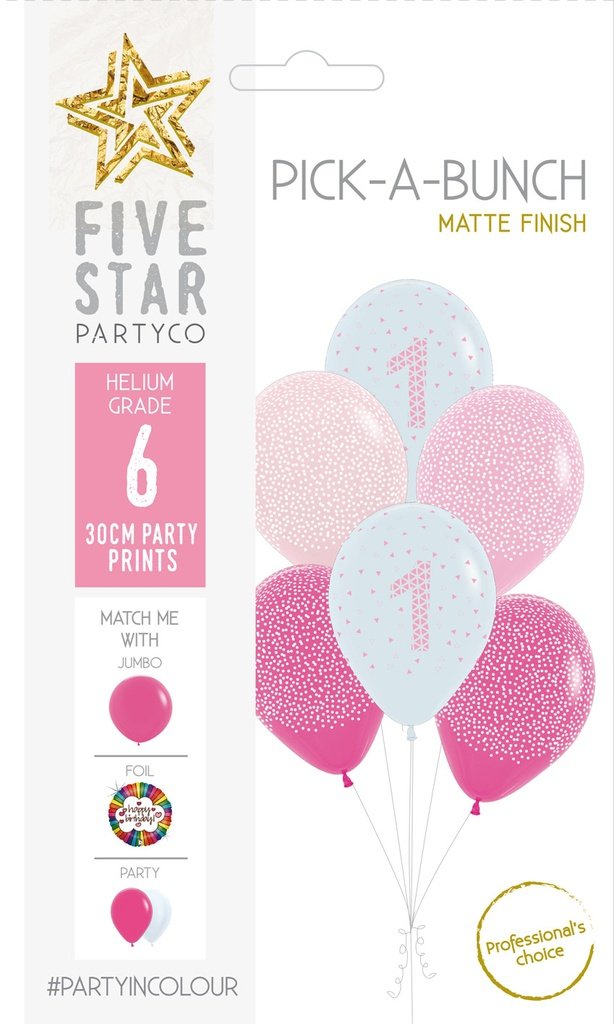 Balloon Pick-A-Bunch 1st Birthday Girl 30cm Pink White Pk 6