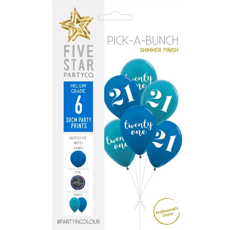Balloon Pick-A-Bunch 21st Birthday Mix 30cm Blue Asst Pk 6
