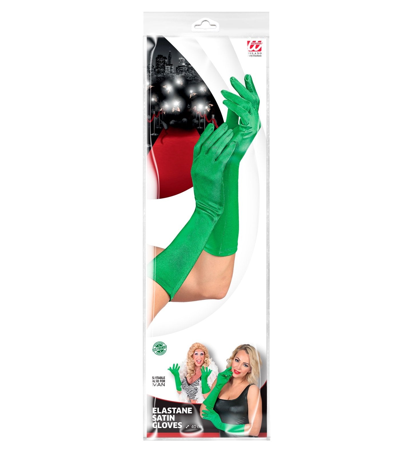 Gloves Long Green Satin Lycra 40cm Long