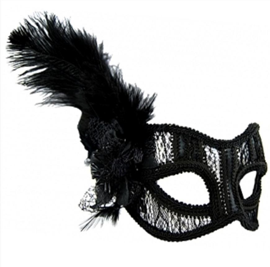 Mask Masquerade Deluxe Black Lace With Black Feather