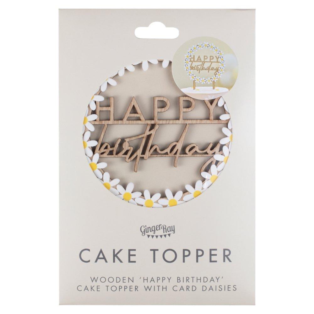 Cake Topper Wooden Happy Birthday With Cardboard Daisies