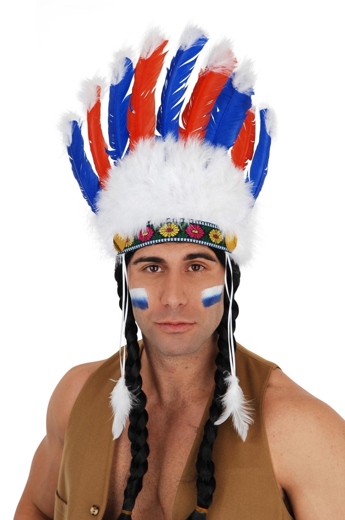 Native American Indian Headress Blue & Red Feathers With White Tips