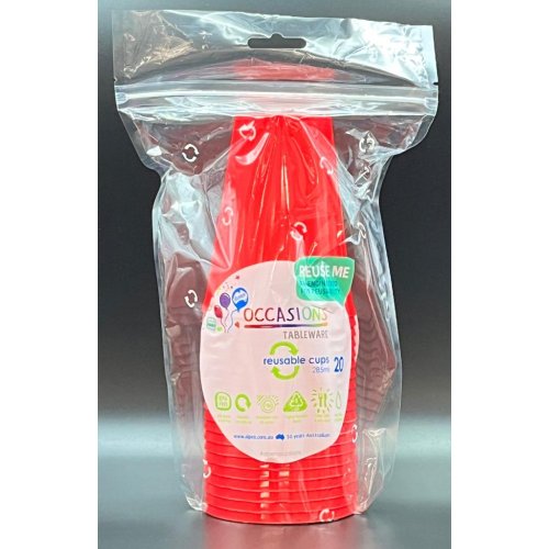 Cups Red Reusable Plastic 285ml Pk 20