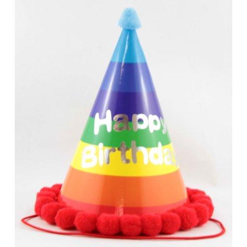 Party Cone Hats Happy Birthday With Pom Poms (Assorted Colours) Each