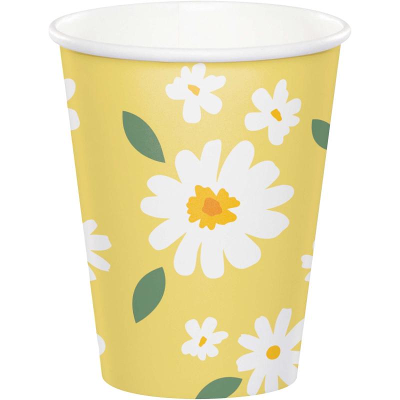 Paper Cups Sweet Floral Yellow Daisy 266ml Pk 8