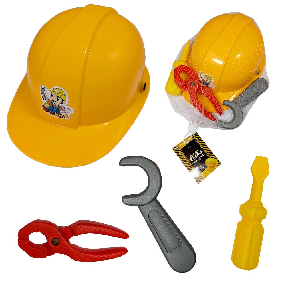 Construction Set Yellow Hard Hat & Building Tools Plastic 4 Piece Set