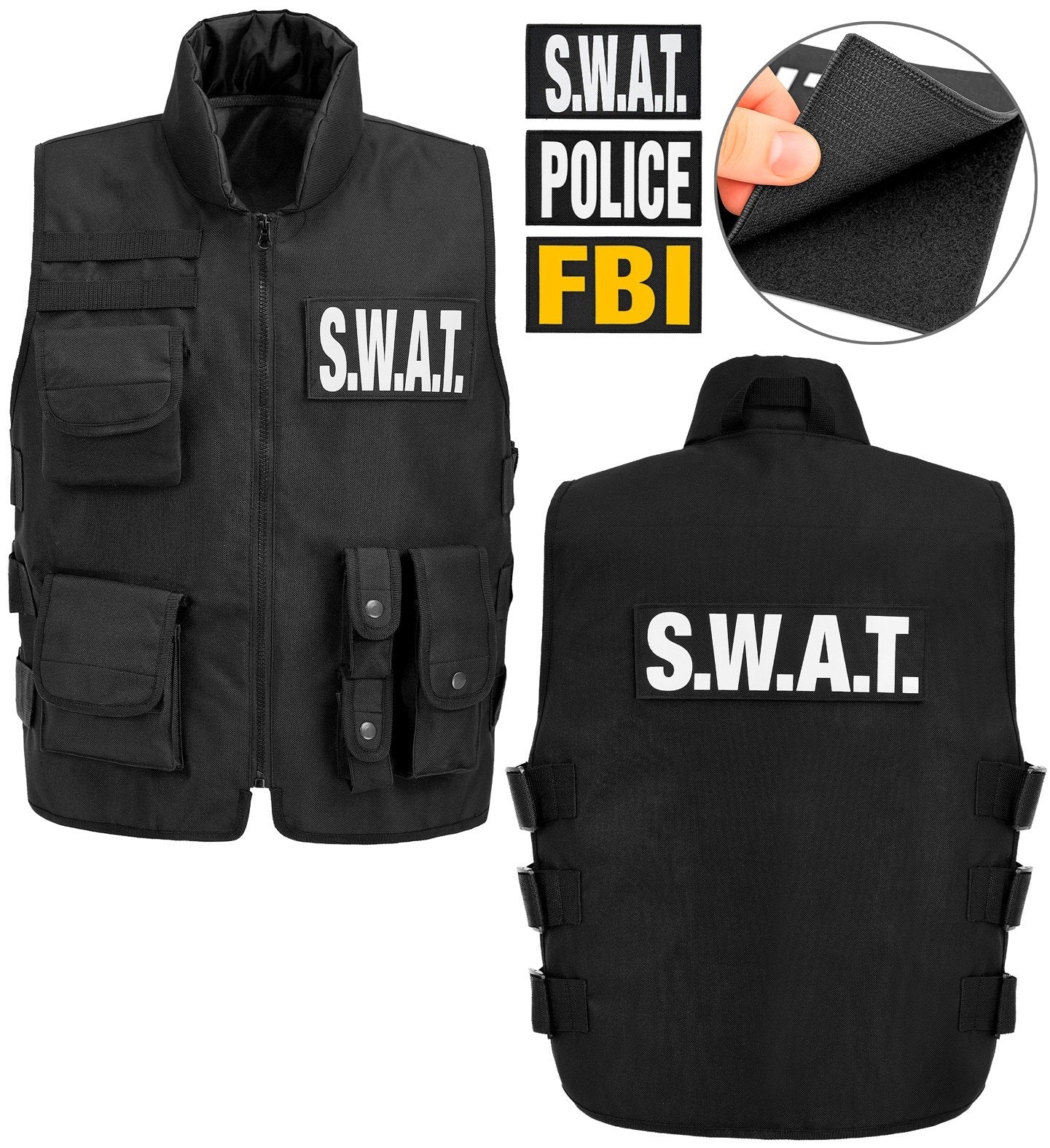 Police SWAT FBI Attack Vest Nylon Black Adult Deluxe Removable Patches L/XL