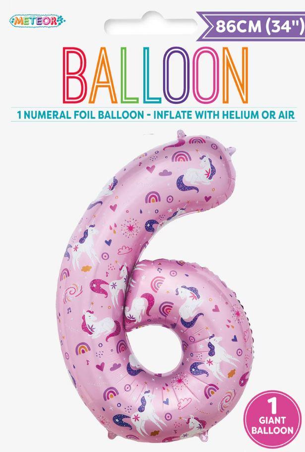 Balloon Foil Megaloon Number 6 Pink Unicorn 86cm