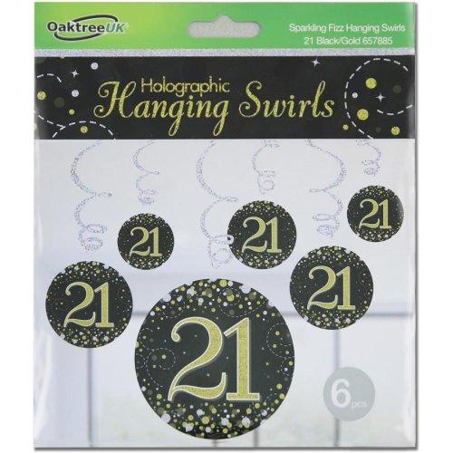 Hanging Swirls 21st Birthday Sparkling Fizz Black/Gold Pk/6