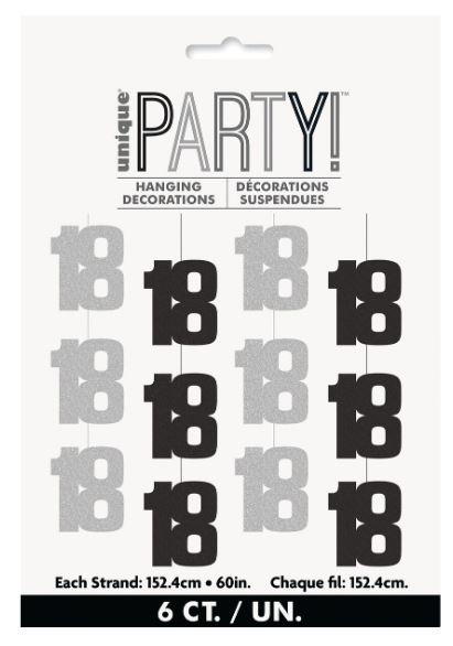 Hanging Decor 18th Birthday Black & Silver 1.5m Long Pk/6