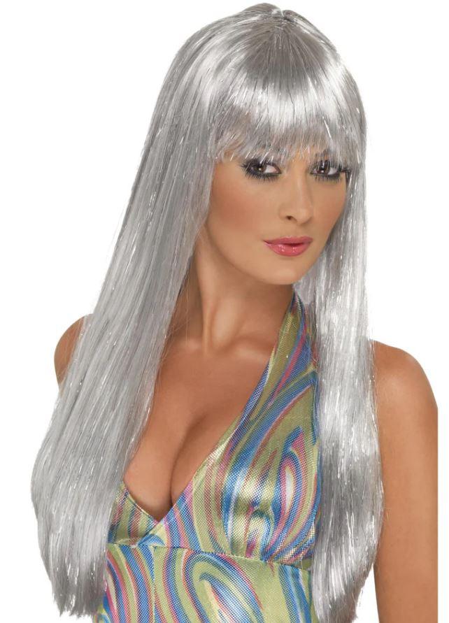 Wig Silver Disco Diva Long With Fringe 1970s