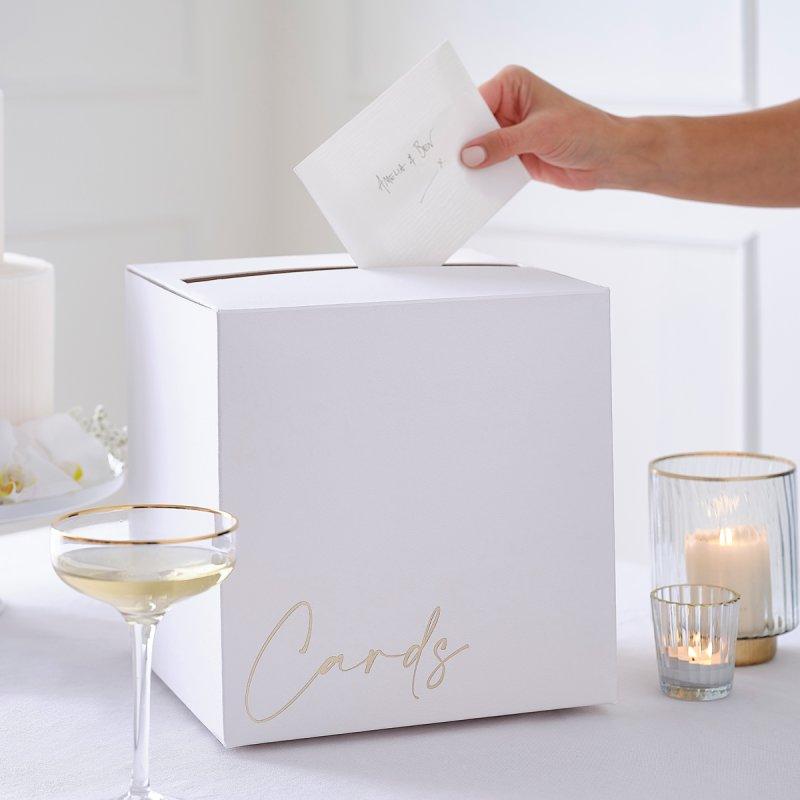 Wishing Well Wedding/Engagement Card Box White With Gold Foil Print Deluxe