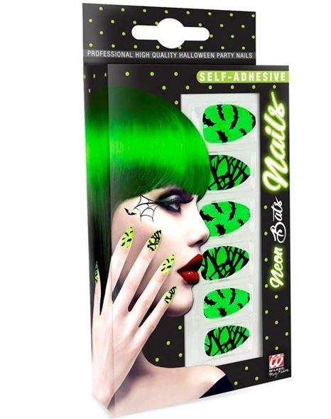 Nails Fake Neon Bats Self Adhesive Pk/12 Neon Green & Black
