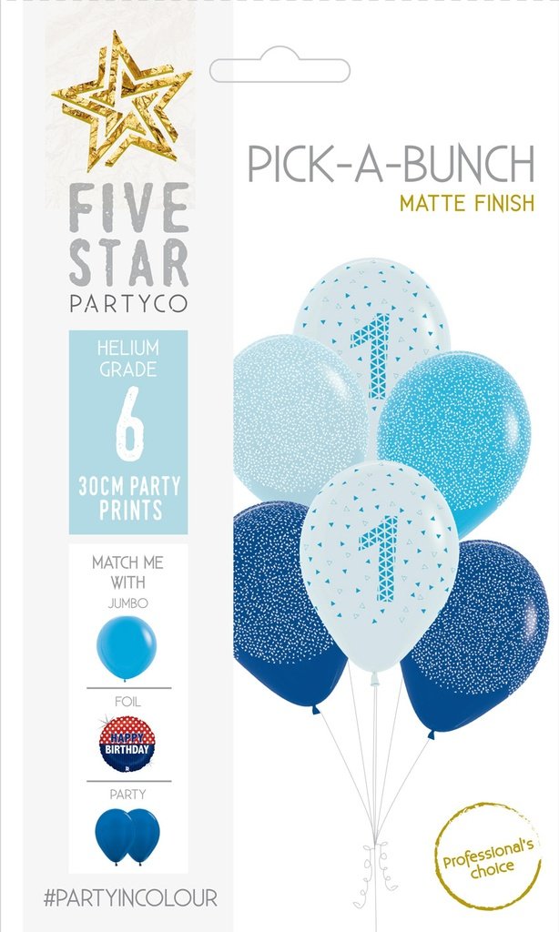 Balloon Pick-A-Bunch 1st Birthday Boy 30cm Blue White Pk 6