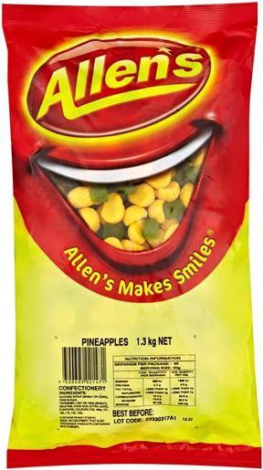Confectionary Lollies Allens Pineapples 1.3kg Bulk