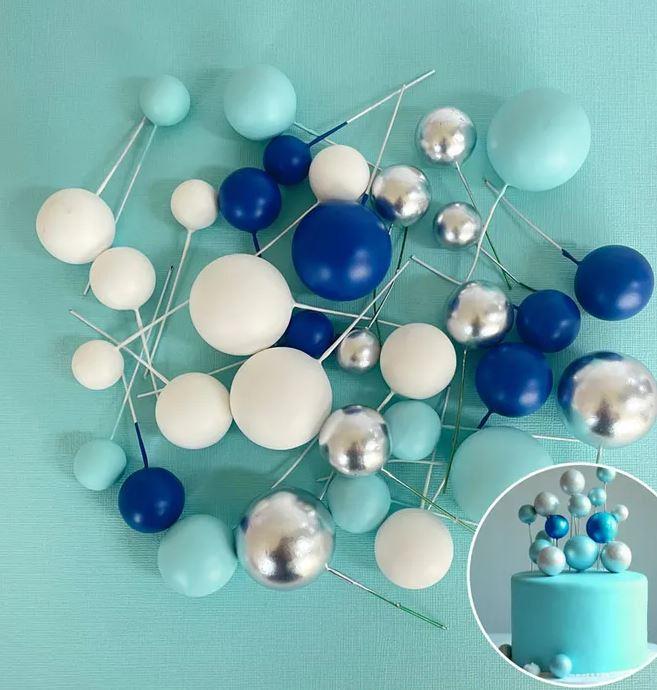 Cake Toppers Deco Foam Balls Blue White & Silver Pk/32
