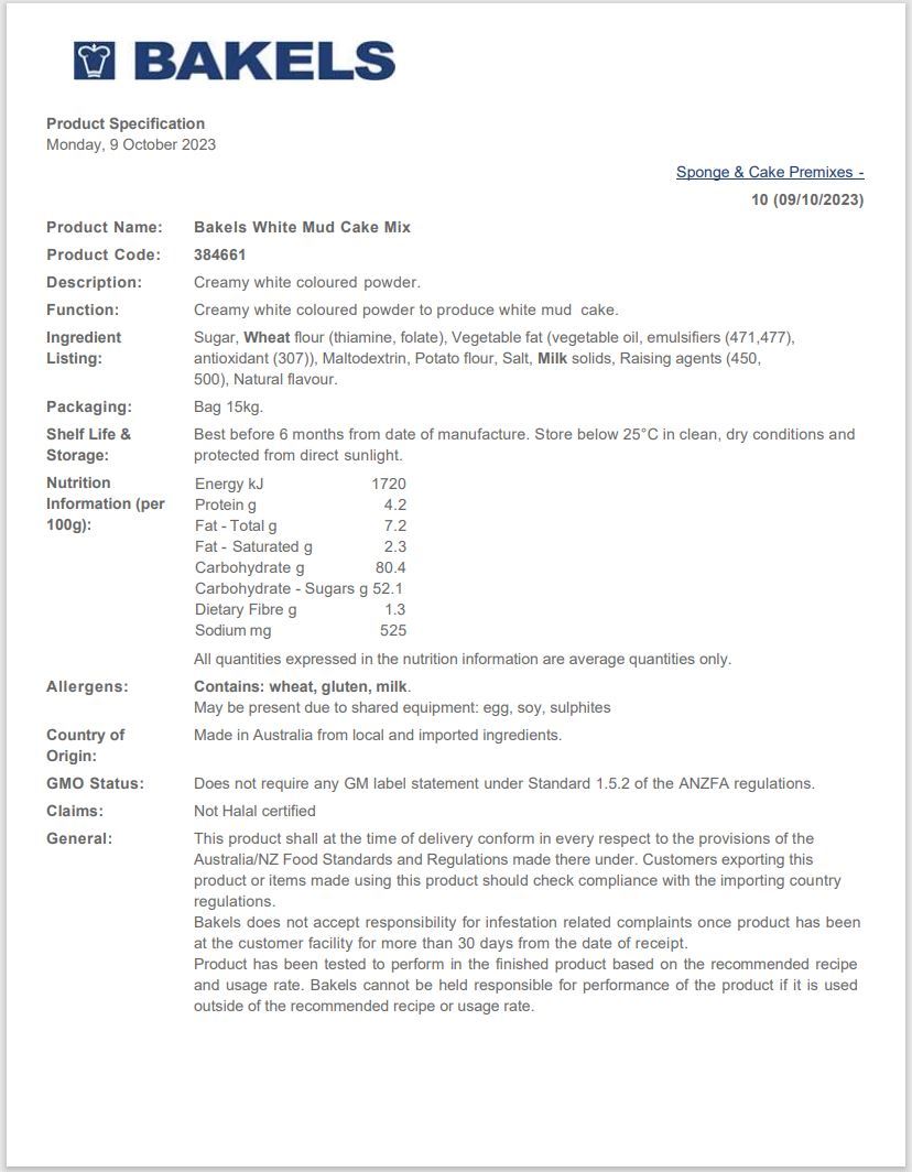 Bakels Mud Cake Mix White Chocolate 15kg - Order In Item Only