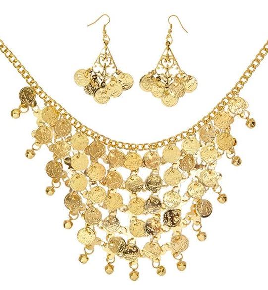 Costume Necklace & Earring Gold Coin Set Princess Egyptian/Greek/Roman