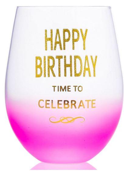 Glass Stemless Happy Birthday Time To Celebrate Pink & Gold Glitter