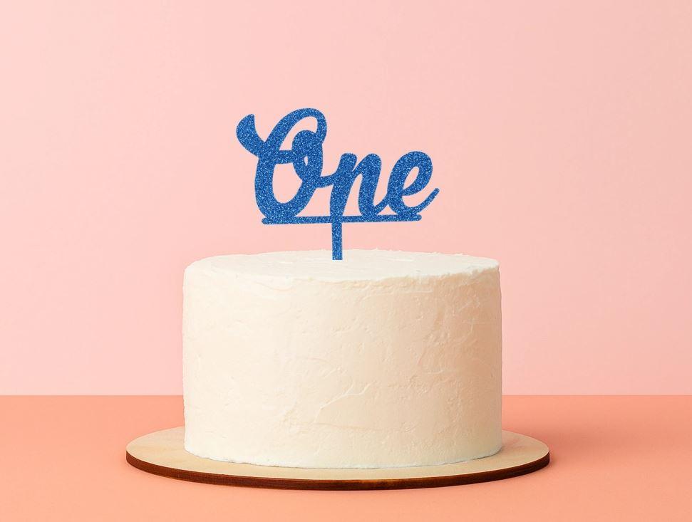 Cake Topper One Acrylic Brithday Blue Glitter Decoration
