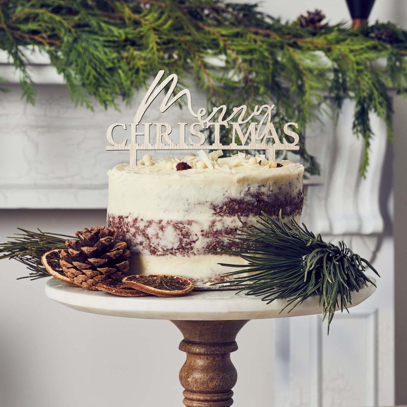 Cake Topper Merry Christmas Wooden Festive Folklore 15cm x 11.5cm