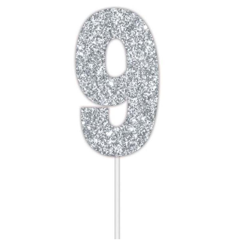 Cake Topper Budget Number 9 Glitter Silver