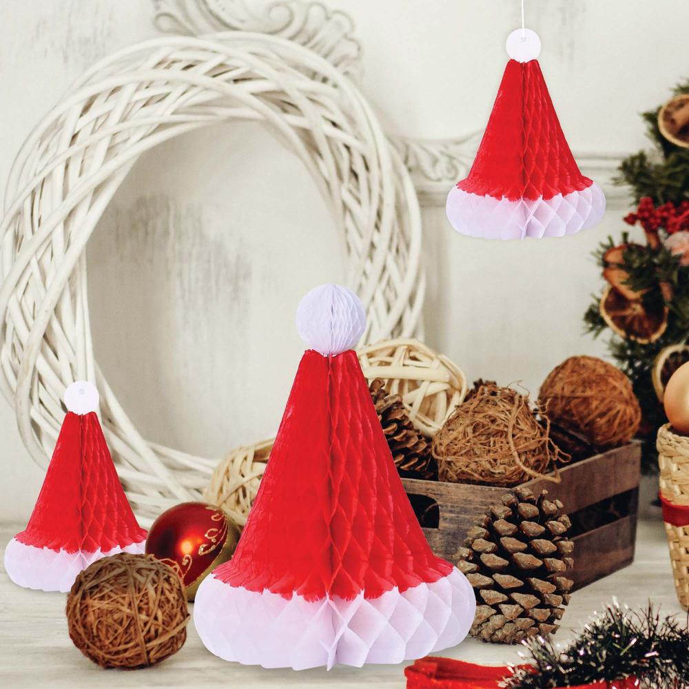Table Decorations Christmas Santa Hats Tissue Honeycomb Pk/3