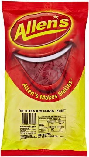 Confectionary Lollies Allens Red Frogs 1.3 Kg