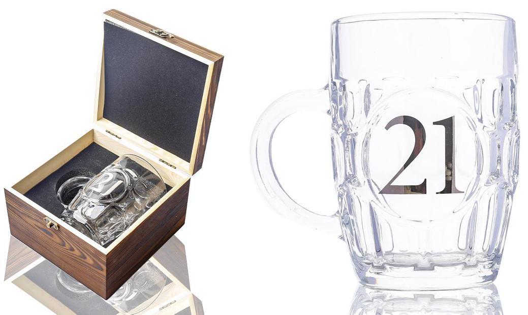 Glass Beer Tankard 21st Birthday in Wooden Box