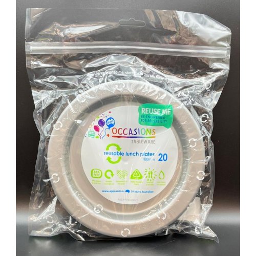 Plates 180mm Silver Plastic Lunch Size Reusalbe Pk/20