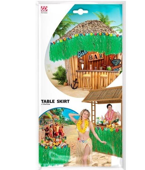 Table Skirt Hawaiian/Tropical Green Grass Look With Flowers 275cm x 70cm