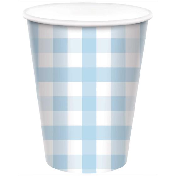 Paper Cups Gingham Check 266ml Pastel Blue Pk 8